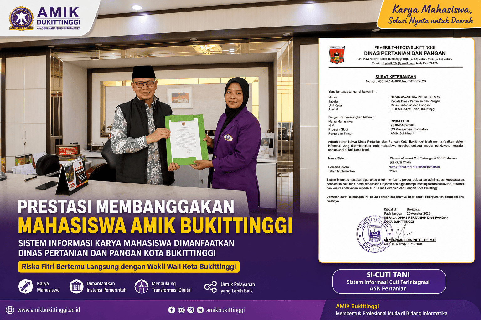 Karya Mahasiswa AMIK Bukittinggi Dimanfaatkan Dinas Pertanian dan Pangan Kota Bukittinggi